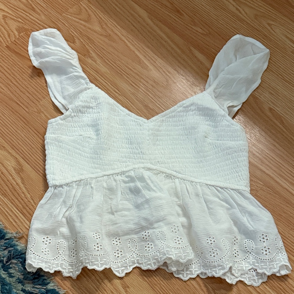 Hollister White Textured Blouse with Eyelet Hem